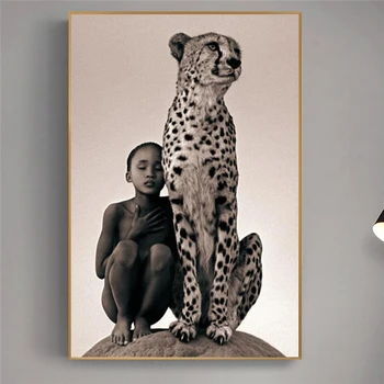 Vaikas Su Cheetah Drobės, Paveikslai, Sienos Menas, Plakatų Ir Grafikos Pobūdis Gyvūnų Sienos Drobė Nuotraukas Kambarį Cuadros