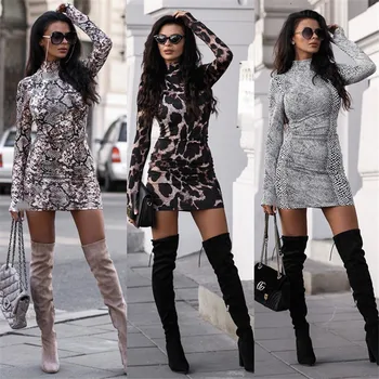 Seksualus, Moterų Golfo Ilgomis Rankovėmis Leopard Print Suknelė 2019 Gyvatės Odos Vakare Šalies Clubwear Suknelė Bodycon Mados Moterų Suknelė