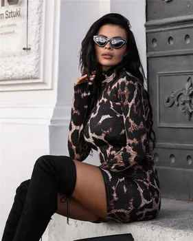 Seksualus, Moterų Golfo Ilgomis Rankovėmis Leopard Print Suknelė 2019 Gyvatės Odos Vakare Šalies Clubwear Suknelė Bodycon Mados Moterų Suknelė