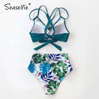 SEASELFIE Nėrinių Aukšto Juosmens Bikini Rinkiniai Moterims Seksualus Kryklės ir Gėlių Push Up Bikinis Dviejų dalių Maudymosi 2021 Paplūdimio Plaukimo Kostiumas