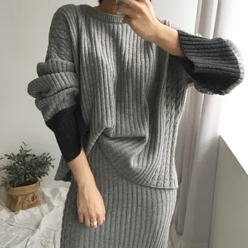 CBAFU prarasti pilkas megztinis mezgimo sijonas mados storio puloveriai megztinis ilgas padalinta sijonas 2 dalių rinkinys moterims megztas kombinezonas D142