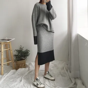 CBAFU prarasti pilkas megztinis mezgimo sijonas mados storio puloveriai megztinis ilgas padalinta sijonas 2 dalių rinkinys moterims megztas kombinezonas D142