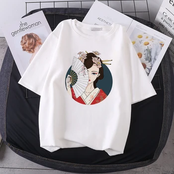 Naujas Kinų Stiliaus Veido Spausdinti moteriški marškinėliai Mielas Viršūnių O-kaklo Negabaritinių marškinėliai Balti Ponios Tee Marškinėliai Harajuku Moteris Drabužiai