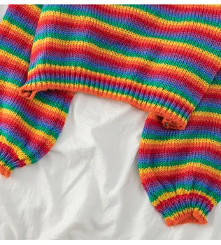 Korėjos Stiliaus Vaivorykštė Megztinis Prarasti Juostele Megztinis Megztas kilimo ir tūpimo Tako Džemperiai moteriški Megztiniai Spalvotų Laisvi moteriški Drabužiai