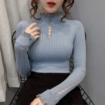 2020 m. Rudens žiemos naujas moterų puloveriai Mados ilgomis rankovėmis golfo megzti marškinėliai Kieto spalvų moterų megztinis marškinėliai