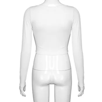 2020 m. Žiemos Trumpi marškinėliai Tees Moterų Viršūnių Kieto Juoda Elegantiška Tvarstis CropTops Moterų Nėriniai ilgomis Rankovėmis Slim Apkarpytos Marškinėliai