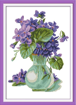 Violetinė vaza kryželiu rinkinys gėlių 18ct 14ct 11ct skaičius atspausdinta drobė siūlės siuvinėjimo 