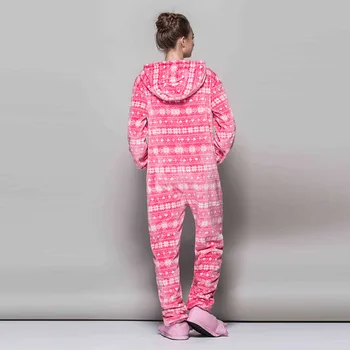 Kalėdų vientisas Pižama Moterims, Flanelė Gobtuvu Onesies Animacinių filmų Unisex Žiemos Sniego Modelio Rožinės spalvos Sleepwear Atsitiktinis Homewear