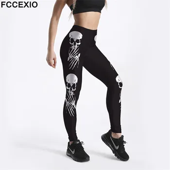 FCCEXIO Aukštos Quaility, 3D Žmonių Kaukolių ir Kaulų Skaitmeninis Spausdinimas Moterų Legging Aukšto Juosmens Fitneso Ruožas Antblauzdžiai Plius Dydis
