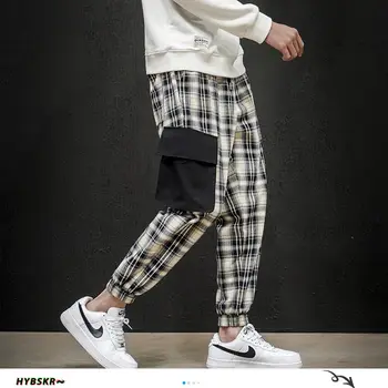 Hybskr Vyrų Pledas Tiesiai Haremas Harajuku Pieštuku Kelnės Kelnės Japonijos Streetwear Vyrų Atsitiktinis Hip-Hop 