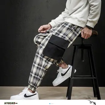 Hybskr Vyrų Pledas Tiesiai Haremas Harajuku Pieštuku Kelnės Kelnės Japonijos Streetwear Vyrų Atsitiktinis Hip-Hop 