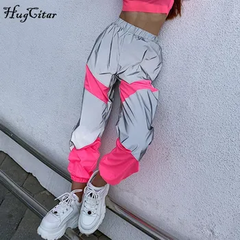 Hugcitar 2019 aukšto juosmens atspindintis kratinys krovinių kelnės rudens žiemos moterys streetwear komplektus kelnės