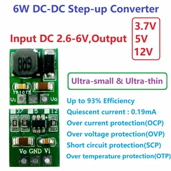 3 VNT 6W Itin mažas ir Ultra-plonas DC-DC Step-up Konverteris 2.6-6 V-3.7 V 5V (12V Padidinti Įtampos Reguliatorius