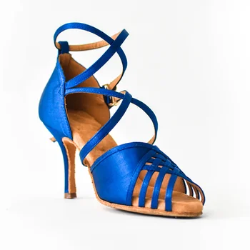 Zapatos De Baile Mėlyna Satino Salsa 8cm Pakulnės Aukštis Atidaryti Tne Profesionalų lotynų Šokių Bateliai Moterims