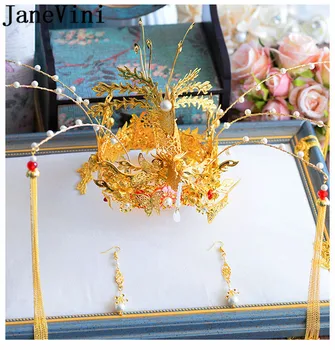 JaneVini Kinų Stiliaus Kutas Plaukų Pin Aukso Phoenix Perlai Bridal Crown Tradicinių Vestuvių Headpieces Auskarai Nuotaka Lankelis