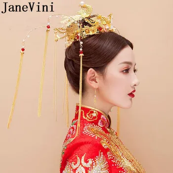 JaneVini Kinų Stiliaus Kutas Plaukų Pin Aukso Phoenix Perlai Bridal Crown Tradicinių Vestuvių Headpieces Auskarai Nuotaka Lankelis