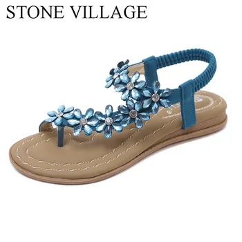 AKMENS KAIMAS Naujų 2019 nacionalinės sandalai bohemijos gėlės, kalnų krištolas moterų sandalai, batai didelio dydžio butas paplūdimio bateliai moterims