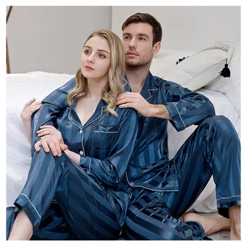 2VNT Pižama Nustatyti Mėgėjams Sleepwear Satino Dryžuotas naktiniai drabužiai Suknelė Kimono Šilkiniai Vyrų Pižamą Pižamos Atsitiktinis Namų Drabužius, Chalatas