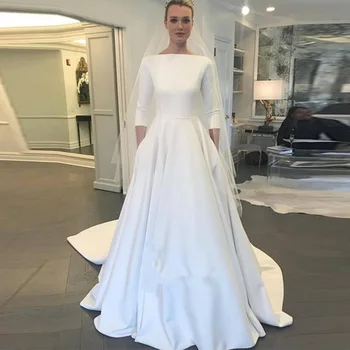 2019 Elegantiškas-line Satininiu Vestuvių Suknelės Trys Ketvirtį Ilgio Rankovėmis Užtrauktukas Su Mygtuką Atgal Paprastus Pigius Vestido De Noiva