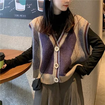 Moterų Megztinis Derliaus Stilingas Geometrinis Modelis Trumpas Megztas liemenė Mados 2020 Rankovės Anglija Stiliaus Viršutiniai drabužiai Chaqueta