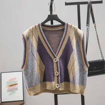 Moterų Megztinis Derliaus Stilingas Geometrinis Modelis Trumpas Megztas liemenė Mados 2020 Rankovės Anglija Stiliaus Viršutiniai drabužiai Chaqueta