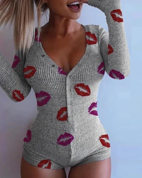 2021 M. Rudenį Naujų Moterų Megzti Romper Homewear Mielas Giliai V-Kaklo, Ilgomis Rankovėmis Pižama Moterų Žvaigždė Modelio Mygtuką Jumpsuit