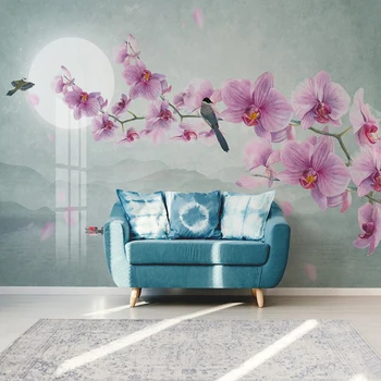 Foto Tapetai Šiuolaikinės Ranka-dažytos Gėlės, Paukščių, Drugelių Orchidėja Freskomis Gyvenimo Kambario, Miegamasis Namų Dekoro 3D Lipnios Freskos