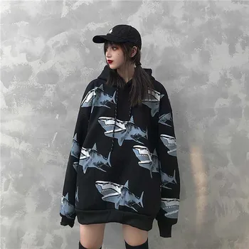 Moterų žiemos 2019 naujas mados ins ryklys spausdinti Harajuku prarasti atsitiktinis plius aksomo retro hip-hop striukė striukė hoodie swea