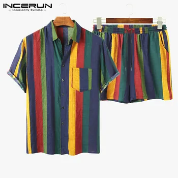 2021 Vyrų Havajų Rinkiniai Dryžuotas trumpomis Rankovėmis Atvartas Mygtuką Atsitiktinis Marškinėliai Paplūdimio Šortai Streetwear Kvėpuojantis Mens Kostiumai INCERUN 7