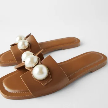 Prabangos Dizaineris Perlai Mulų Batai Moterims Aikštėje Toe Flat Skaidrių Atidaryti Tne patogi Odinė Moterų Sandalai 2020 Metų Vasaros Šlepetės
