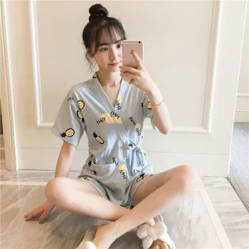 2020 metų Vasaros trumpomis Rankovėmis Medvilnės Kimono Pajama Komplektai Moterų Šortai Sleepwear Kostiumas Loungewear Homewear Pijama Mujer Namų Drabužiai