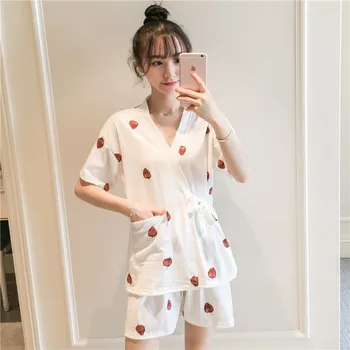 2020 metų Vasaros trumpomis Rankovėmis Medvilnės Kimono Pajama Komplektai Moterų Šortai Sleepwear Kostiumas Loungewear Homewear Pijama Mujer Namų Drabužiai