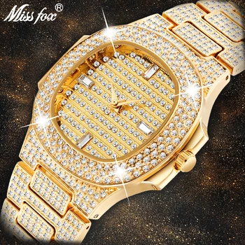 MISSFOX Ponios Bling Bling Moterų Laikrodžiai Baguette Deimantų 18K Aukso Patek Žiūrėti Moterų Analoginis Hip-Hop Lediniame Iš Kvarcinius Laikrodžius