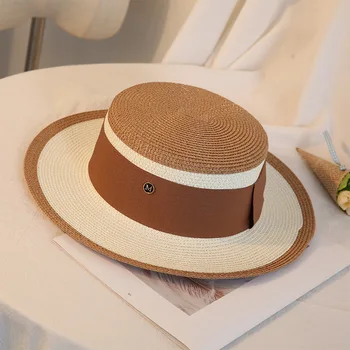 Vasaros Elegantiškas Retro Moterų Flat Top Šiaudų Skrybėlę Kelionę Kepurės Laisvalaikio Beach Sun Skrybėlės M Raidę, Kvėpuojantis Gėlių Paplūdimio Skrybėlę