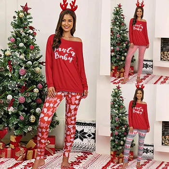 Kalėdų Pajama 2 Vienetų Komplektas Raudonos Spalvos, ilgomis Rankovėmis T-shirt + Juostele Spausdinti Antblauzdžiai Atitikimo Kalėdos Miego Dėvėti Seksualus Rinkinys Pjs 2020 m.