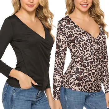Moterų Leopard Ilgomis Rankovėmis Atsitiktinis T Shirts 2019 M. Rudenį, Pavasarį Giliai V Kaklo Spausdinti Slim Fit Pusėje Raukšlėtis Viršūnes Tee Marškinėliai Camisas
