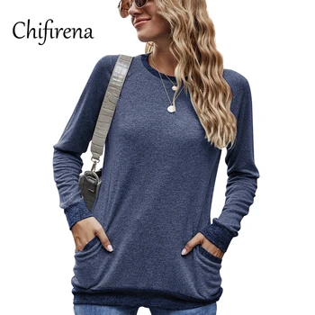 Chifirena Plius Dydis Rudenį Kietas moteriški marškinėliai Basic ilgomis Rankovėmis Marškinėliai Topai Atsitiktinis Tunika Tees Moterų Drabužių 2020 m., su Kišenėje