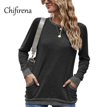 Chifirena Plius Dydis Rudenį Kietas moteriški marškinėliai Basic ilgomis Rankovėmis Marškinėliai Topai Atsitiktinis Tunika Tees Moterų Drabužių 2020 m., su Kišenėje