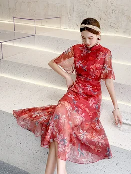 Šiuolaikinės Cheongsam Jauna Mergina, Elegantiškas Ilgas Derliaus moteriški Drabužiai Temperamentas Modifikuota Versija Kinų Stiliaus Suknelė