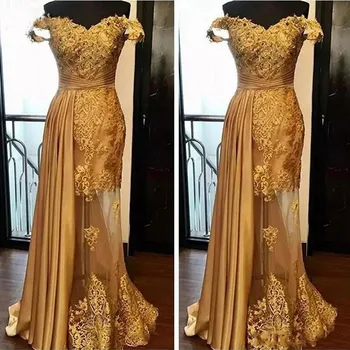 Elegantiškas nuo Peties Aukso Ilgas vakarines Sukneles 2020 Undinė Karoliukai Nėrinių Appliques Saudo arabų Moterų Oficialų Prom Šalis Suknelė