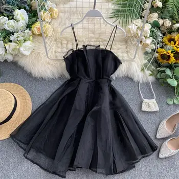 Vasaros 2020 korėjos Naujas Mados Moterų Mini Suknelė su Sexy Tinklelio, be Rankovių-line Spageti Dirželis Šalis Suknelė Moterų Vestidos