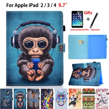Apple iPad 2 3 4 Padengti Funda Tablet Silikono PU Odos iPad2 iPad3 iPad4 Animacinių filmų beždžionė Stovėti Odos Apvalkalas +Dovana