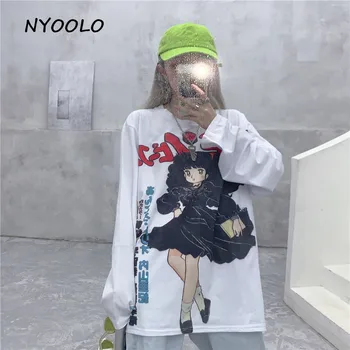 NYOOLO Harajuku stilius gražus, mielas šokio mergina Japonijos spausdinti marškinėliai, topai Rudenį prarasti ilgomis rankovėmis O-kaklo marškinėliai moterims