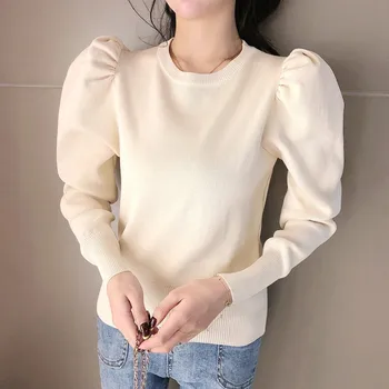Mados Korėjos Stiliaus Mezgimo Moterų Megztinis Megztinis Marškinėliai Pavasarį, Rudenį Elegantiška Palaidinė Plisuotos Sluoksniuotos Ilgomis Rankovėmis Plonas Juosmens Viršūnės