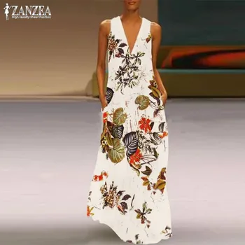 2021 ZANZEA Mados Spausdinti Maxi Suknelė Moterų Sundress Vasarą V Kaklo Gėlių Ilgai Vestidos Moterų Atsitiktinis Šaliai, Skraistės Kaftan Suknelė