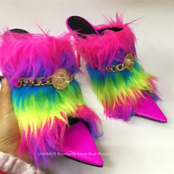 Naujas rainbow kailio, plunksnų Aukšti Kulniukai Mulų Moterų metalo grandinės dekoro sandalai kilimo ir tūpimo tako projektavimo peep toe seksualus vasaros suknelė bateliai