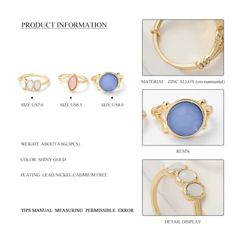 Naujas 3pcs/set Boho Stiliaus Aukso Spalvos, Geometriniai Žiedas Rinkiniai Moterims, Mėlyna Rožinė Akrilo Karoliukai Vestuvių Midi Žiedai, Papuošalai Mergina
