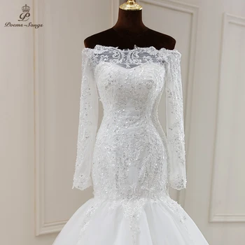 Realus vaizdo Nekilnojamojo nuotraukos ilgomis rankovėmis Appliques stiliaus undinė vestuvių suknelė santuokos suknelė vestidos de novia sereia chalatas de mariee