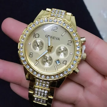 Laikrodžiai Moterims Mados Prabangos Prekės Ženevos Atsitiktinis Kristalų Rhineston Laikrodžius Relogio Feminino Ponios Aukso Plieno, Kvarcas Žiūrėti