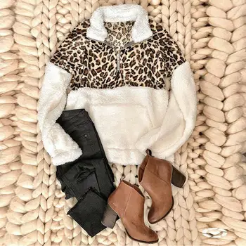 2019 Žiemos Fleece Series Mados Leopard Kratinys Purus Storio Hoodie Šiltas Užtrauktuku Puloveriai Moterų Žiemos Paltai Sherpa Viršūnės
